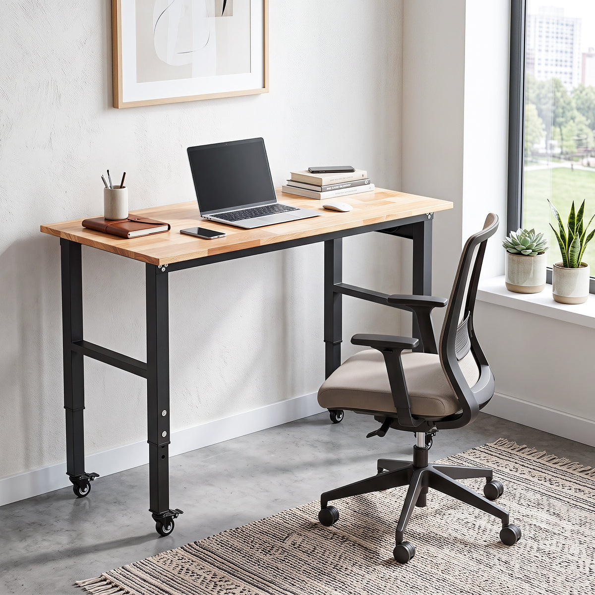 Adjustable workbench set up as a desk with a chair