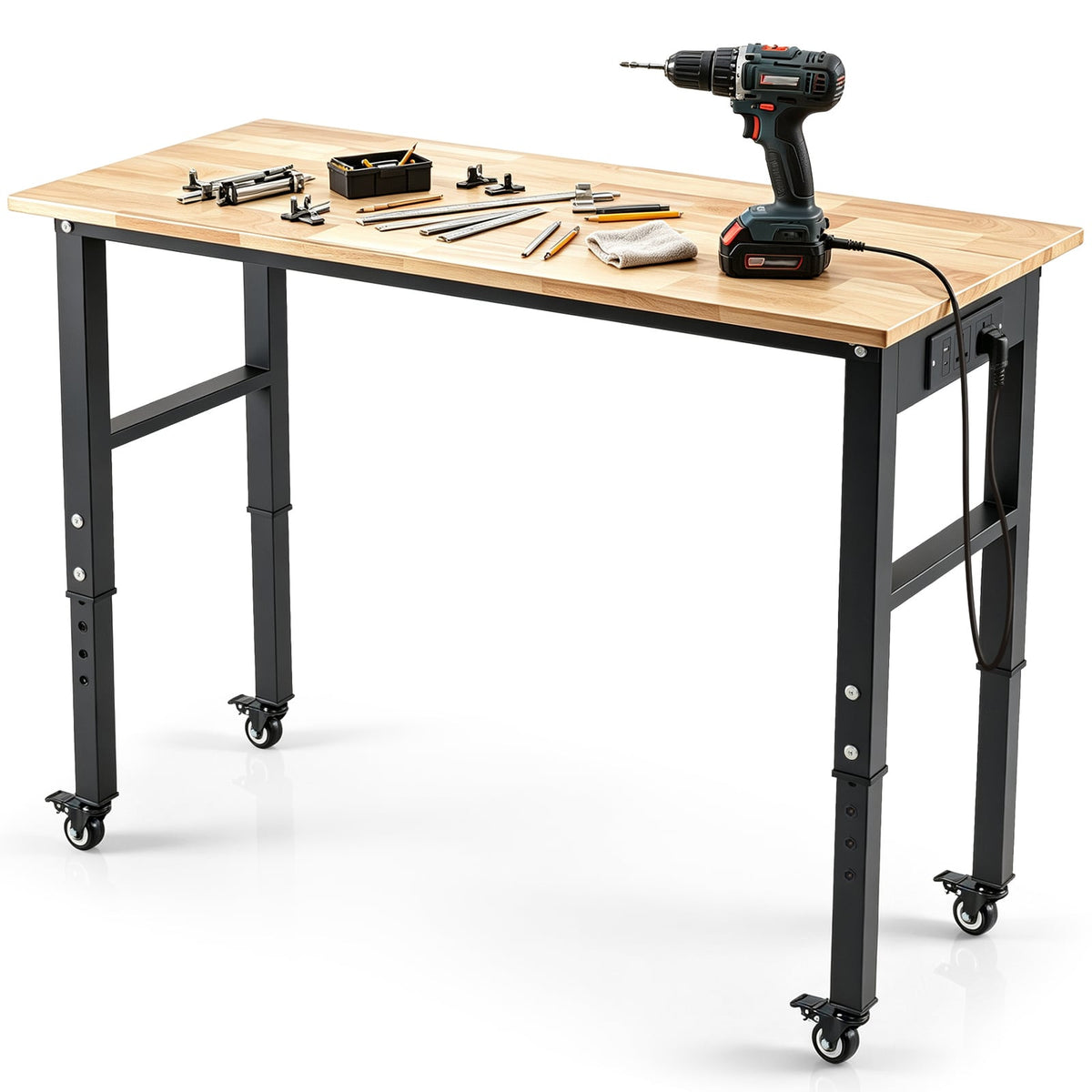 Workbench with a drill and tools on the oak top