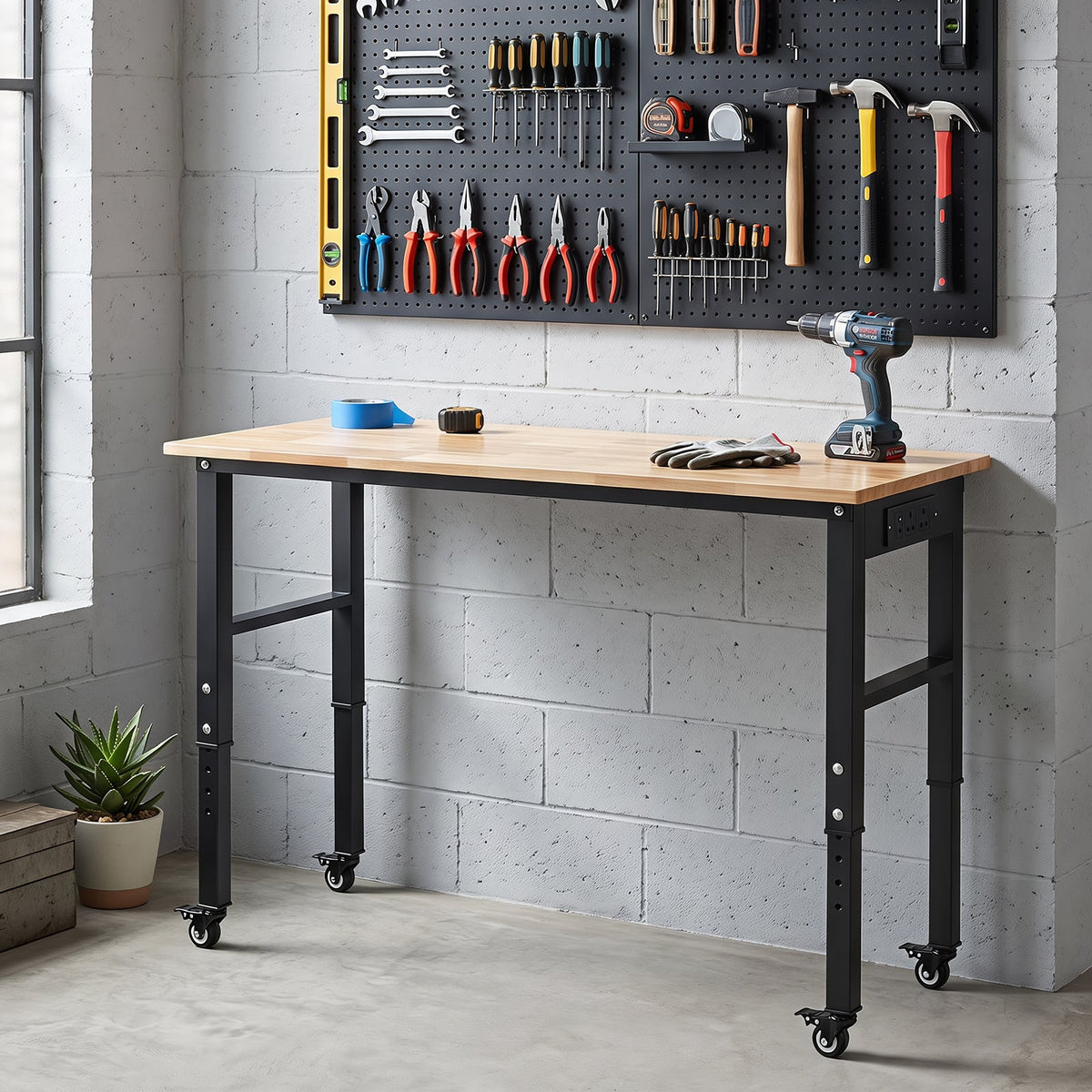 Adjustable workbench with tools on the wall behind it