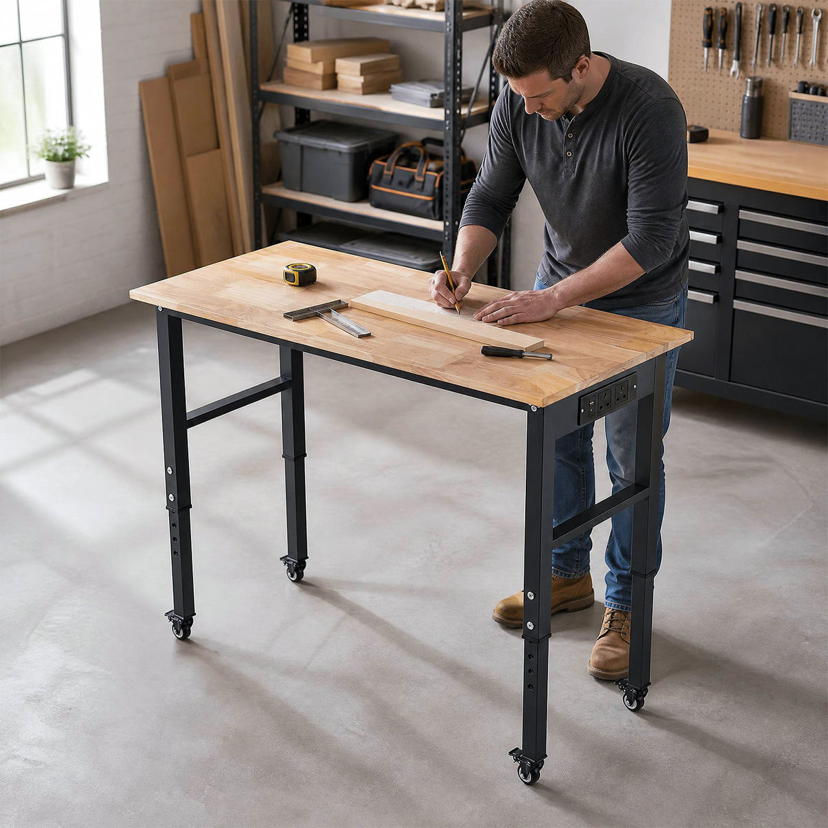 Man working at the adjustable workbench with wheels in a workshop