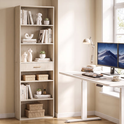 HOMCOM Bookcase Narrow Tall Space-Saving Bookshelf Drawer Open Shelves in Oak Wood Effect