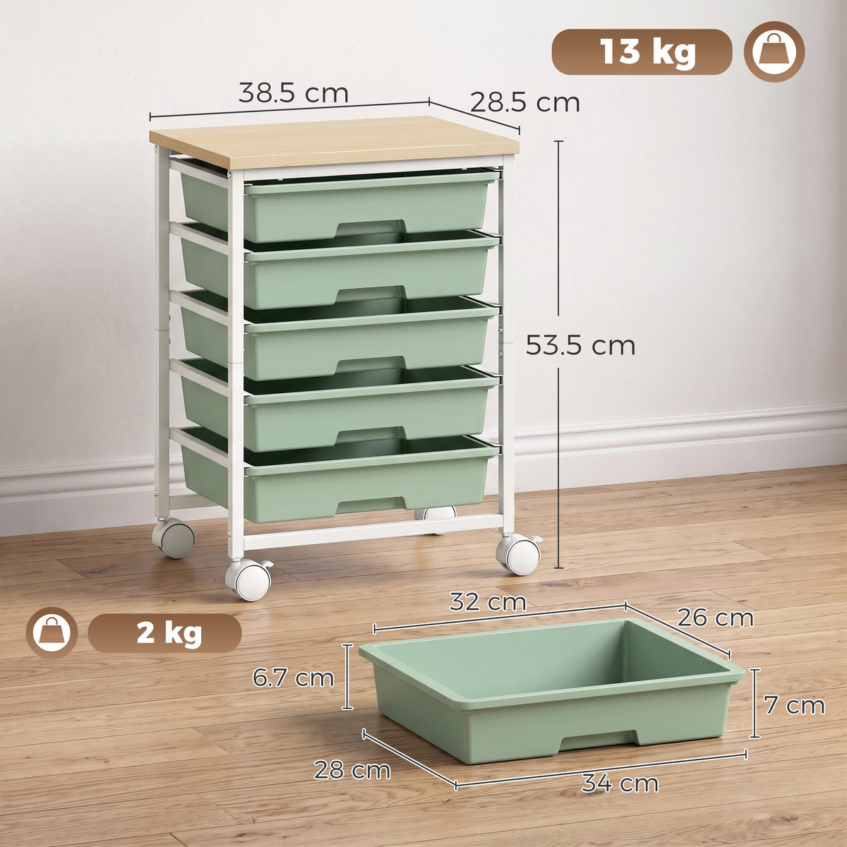 HOMCOM 6-Tier Storage Trolley on Wheels in Green