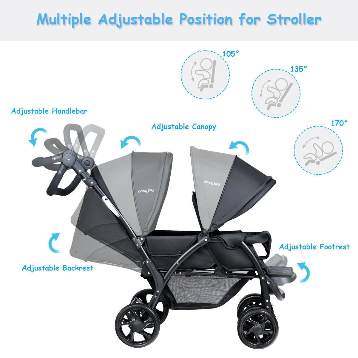 Double Pushchair with Adjustable Backrest and Sunshade-Black