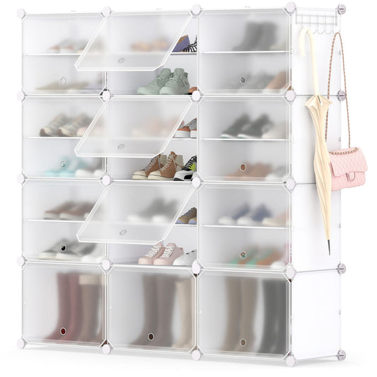 48 Pairs Expandable Modular Shoe Storage Cabinet with Door, a white unit with clear doors showing shoes and boots inside