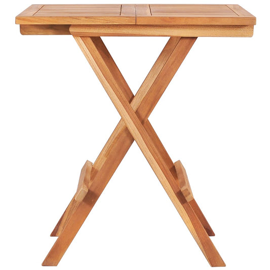 The wooden bistro table folded flat, showing its X-shaped legs