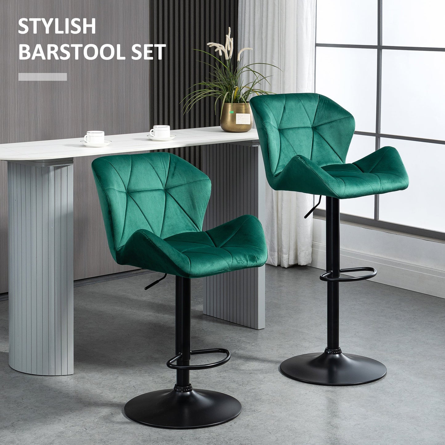 HOMCOM Bar Stools Set Of 2, Velvet-Touch Barstools with Metal Frame Footrest and Adjustable Height, Green