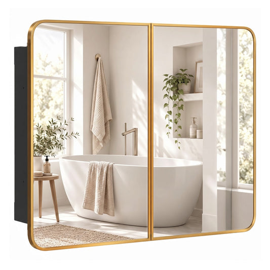 HOMCOM 76.2 x 11.6 x 61 cm Bathroom Mirror Cabinet, Wall Cabinet with Adjustable Shelves, Wall-Mounted or Recessed, Gold Tone