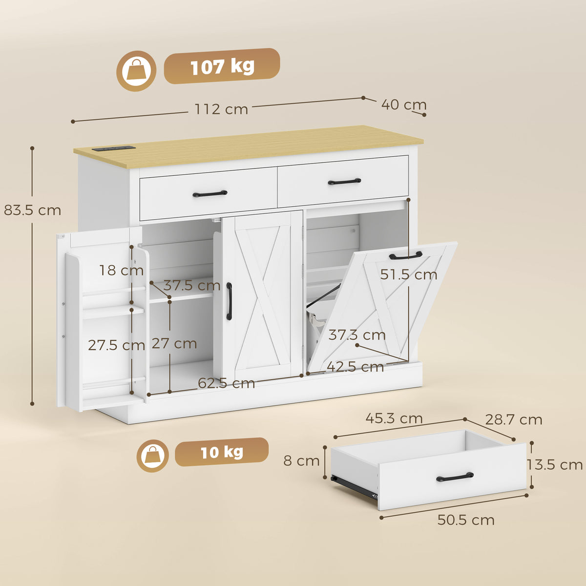 HOMCOM Tilt Out Trash Cabinet with Charging Station in White