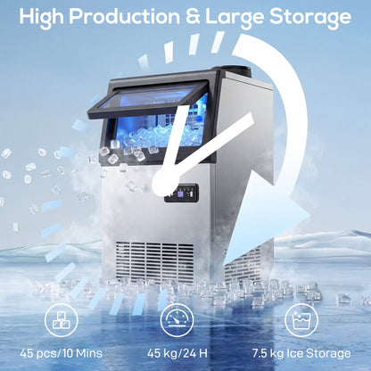 HOMCOM Commercial Ice Maker Machine, 45kg/24H Stainless Steel Under Counter or Freestanding Ice Machine, Silver