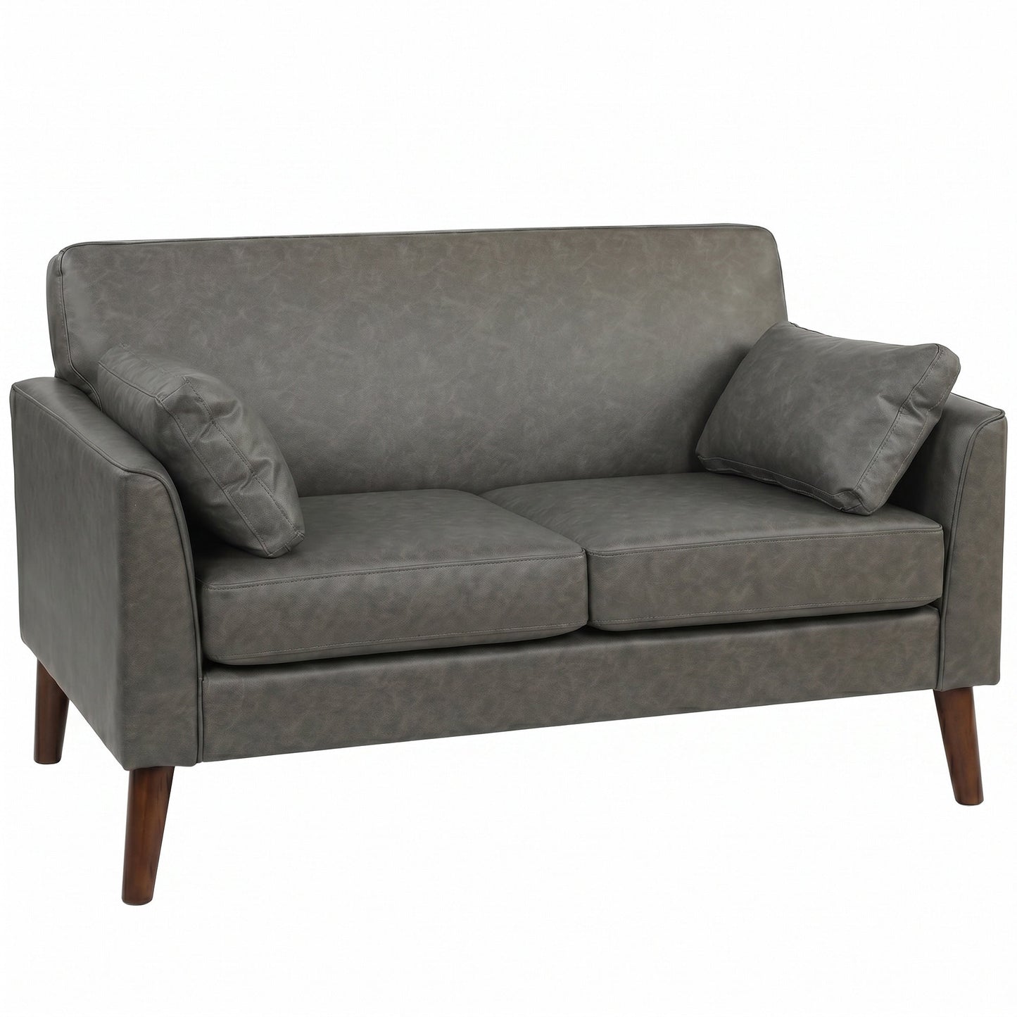 HOMCOM 2 Seater Sofa, 132 cm Modern Small Sofa with Solid Wood Legs and 2 Pillows for Small Space, Grey