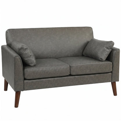 HOMCOM 2 Seater Sofa, 132 cm Modern Small Sofa with Solid Wood Legs and 2 Pillows for Small Space, Grey