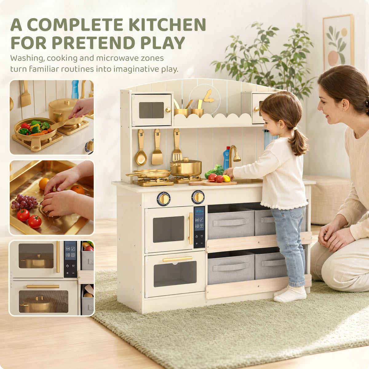 AIYAPLAY Kids Play Kitchen with Lights & Sounds in Cream