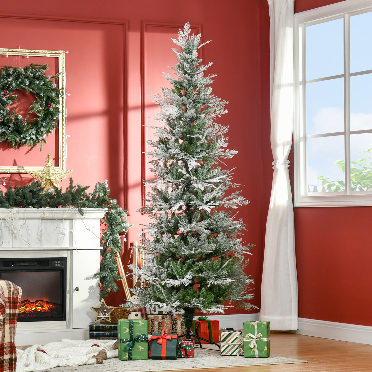 HOMCOM 7 Ft Pencil Snow Flocked Artificial Christmas Tree in Green