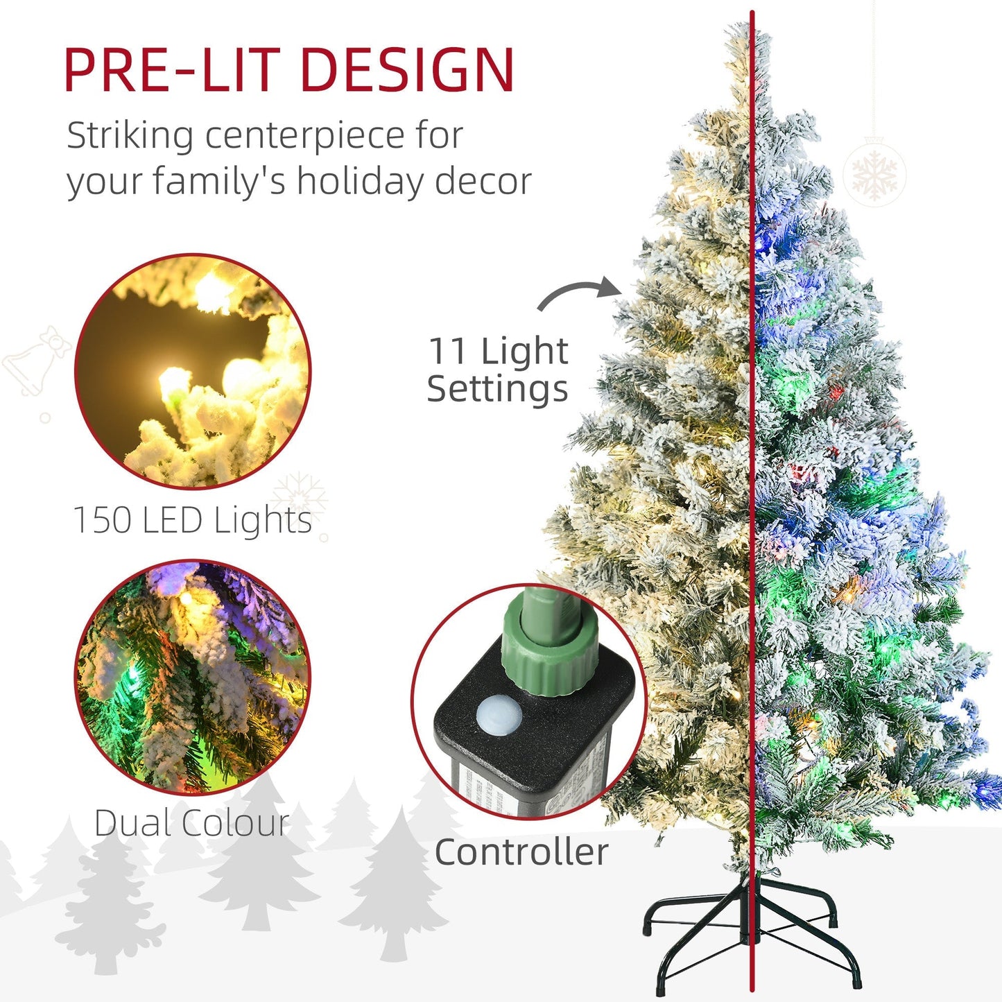 شجرة كريسماس اصطناعية بطول 4.5 قدم من هومكوم مع فروع مثلجة، أضواء LED بيضاء دافئة أو ملونة، وقاعدة فولاذية