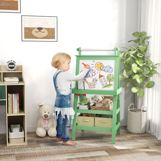 AIYAPLAY 3 in 1 Kids Easel Double-Sided Magnetic Whiteboard and Chalkboard with Paper Roll, Storage Baskets - Green