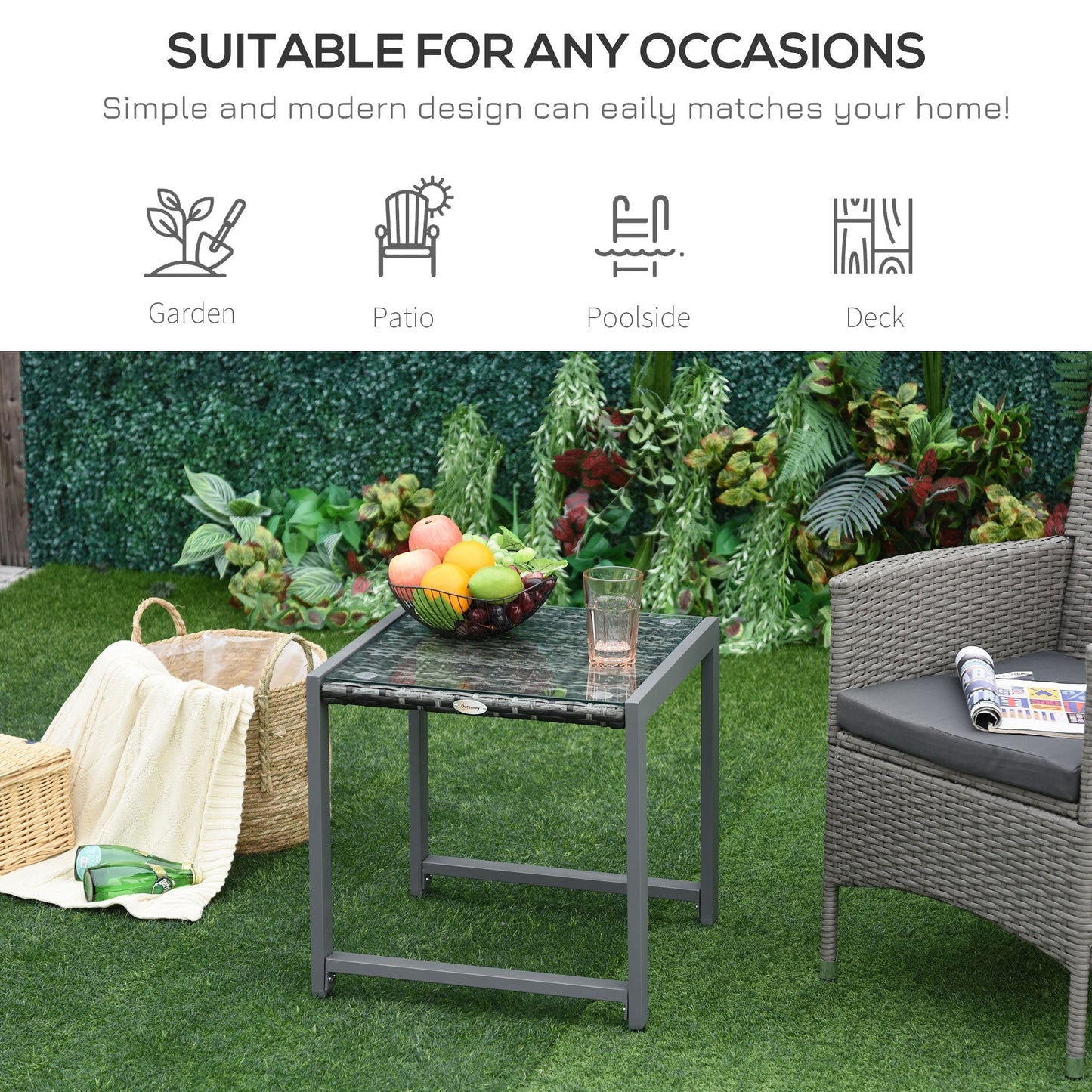 طاولة جانبية من الراتان من Outsunny، طاولة قهوة للمكتب، أثاث حديقة شرفة خارجية من الخوص، أريكة محادثة