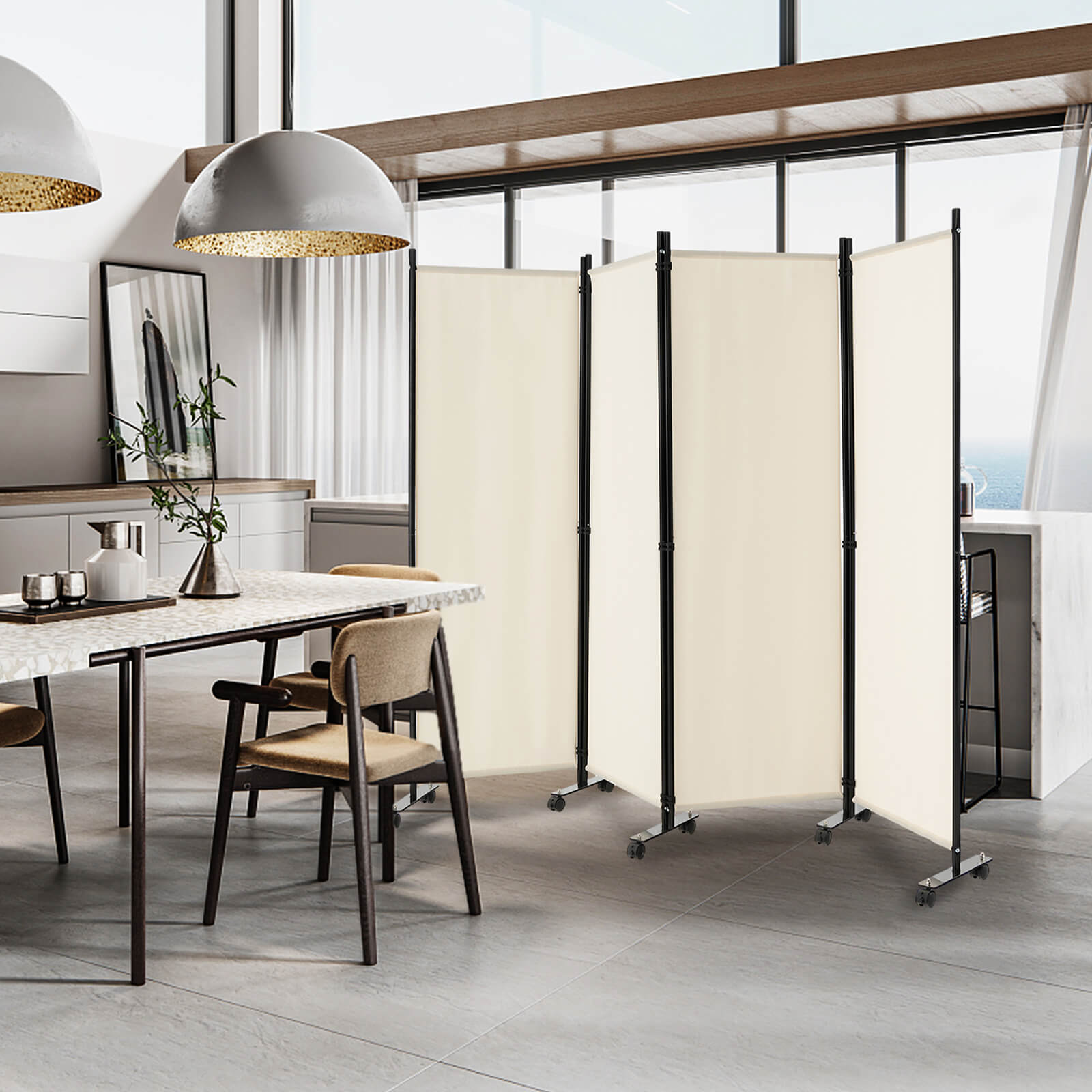 4-Panel Folding Room Divider with Wheels for Living Room Bedroom -White