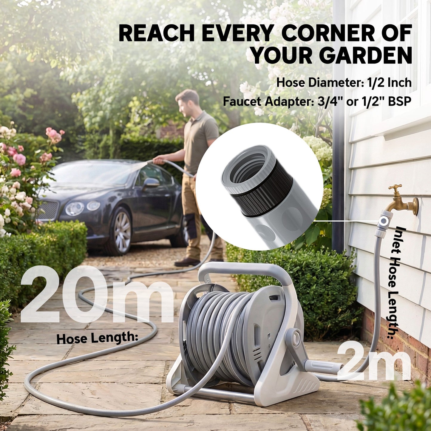 Outsunny Portable Garden Hose Reel, 20+2 m Wall Mounted Hose Reel with 2 Patterns Spray Nozzle and Crank Handle, Grey