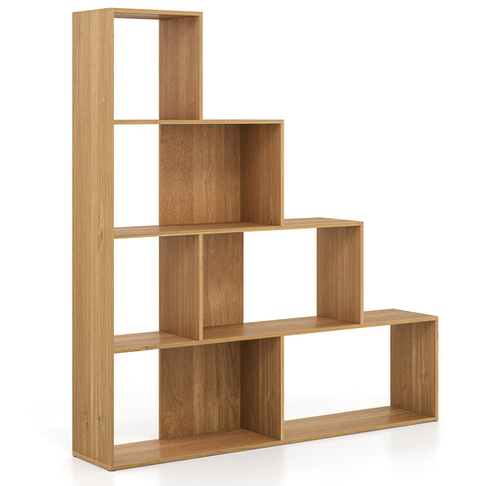 4-Tier Stepped Bookshelf Modern Ladder Bookcase with 6 Storage Cubes-Natural