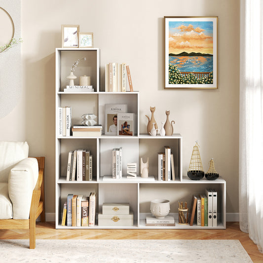 4-Tier Stepped Bookshelf Modern Ladder Bookcase with 6 Storage Cubes-White