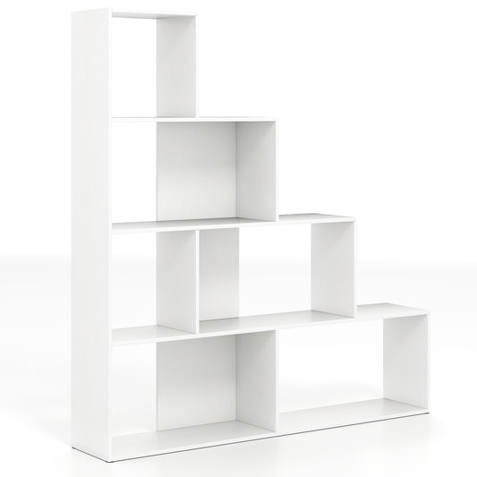 4-Tier Stepped Bookshelf Modern Ladder Bookcase with 6 Storage Cubes-White