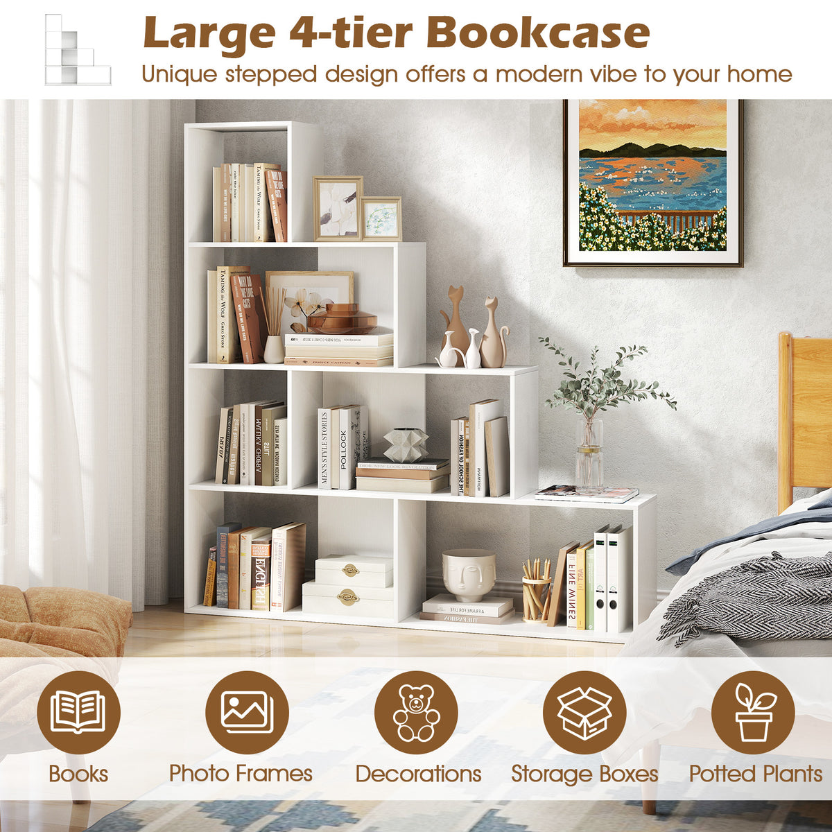 4-Tier Stepped Bookshelf Modern Ladder Bookcase with 6 Storage Cubes-White