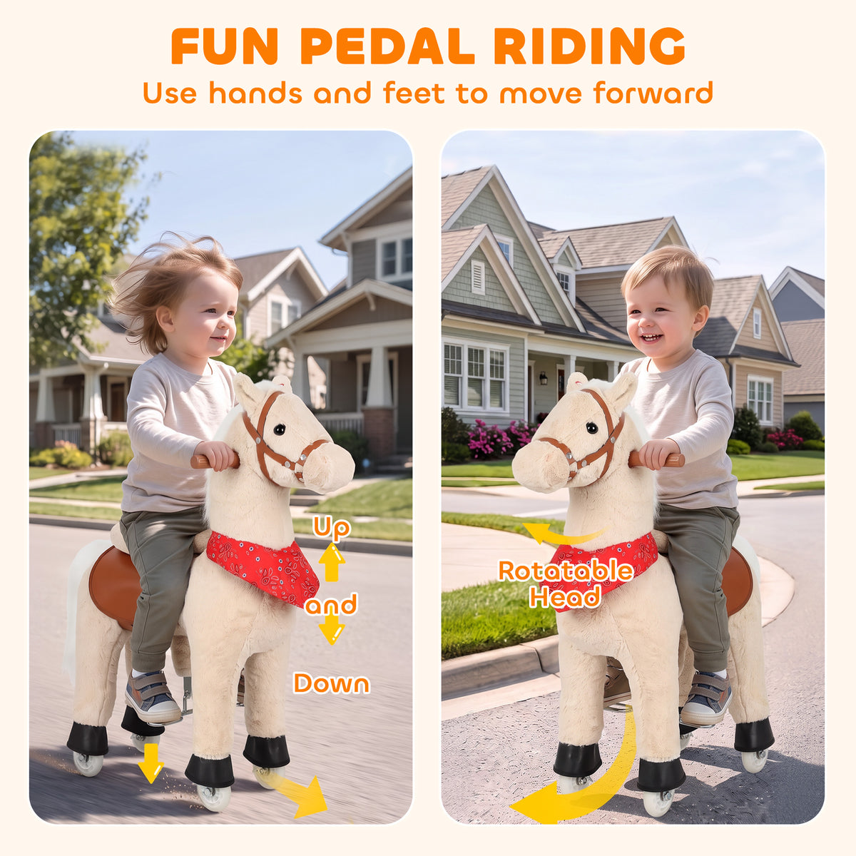Ride on Horse Pedal Ride On Walking Horse Toy Rotatable Head Neighing Sound in Light Brown