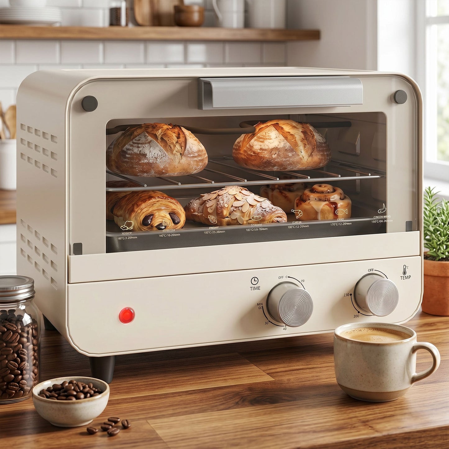 HOMCOM Mini Oven, Small Toaster Oven with Glass Door, Adjustable Temperature and Timer, Accessory Included, 750W, Cream White