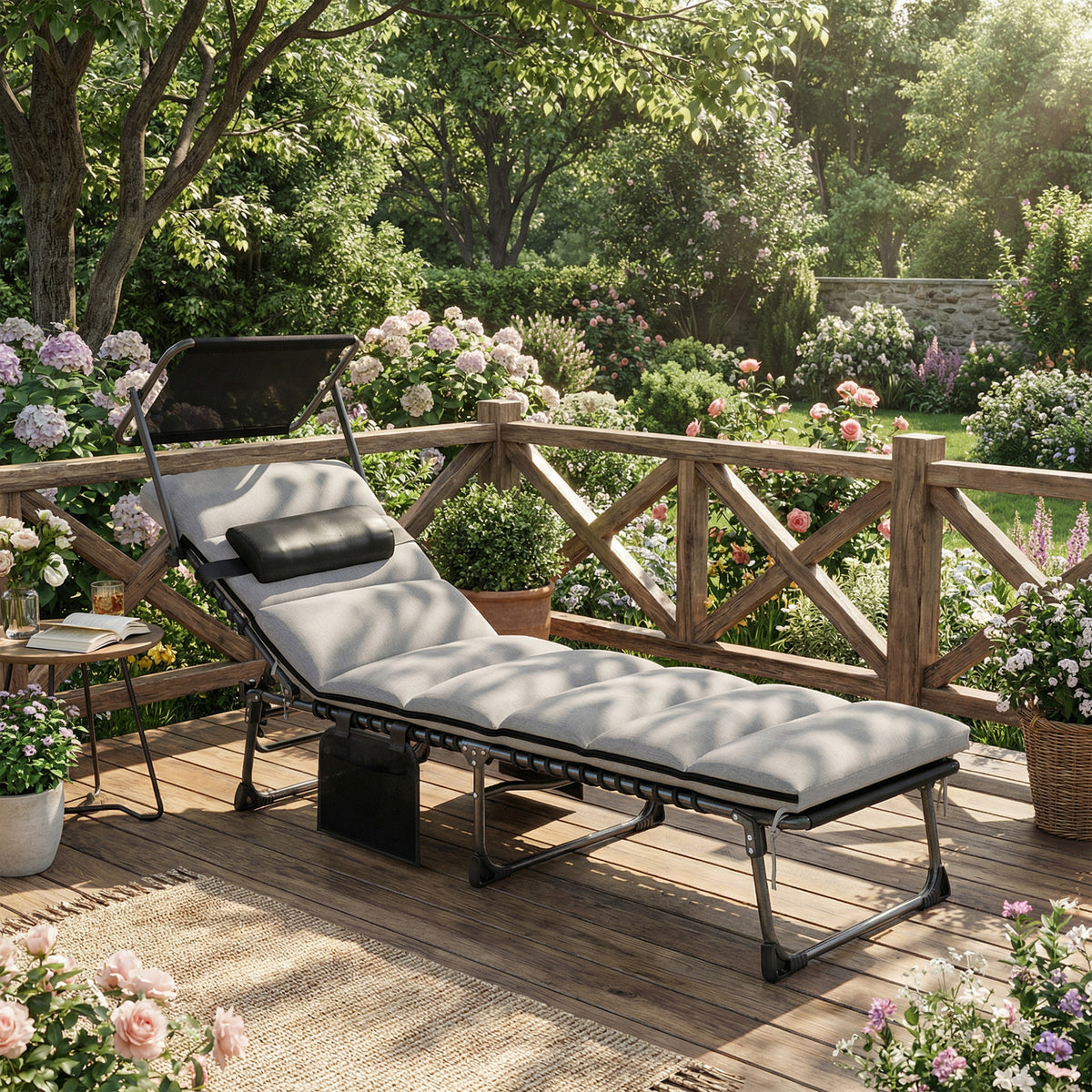 Outsunny Folding Sun Lounger with Canopy in Light Grey