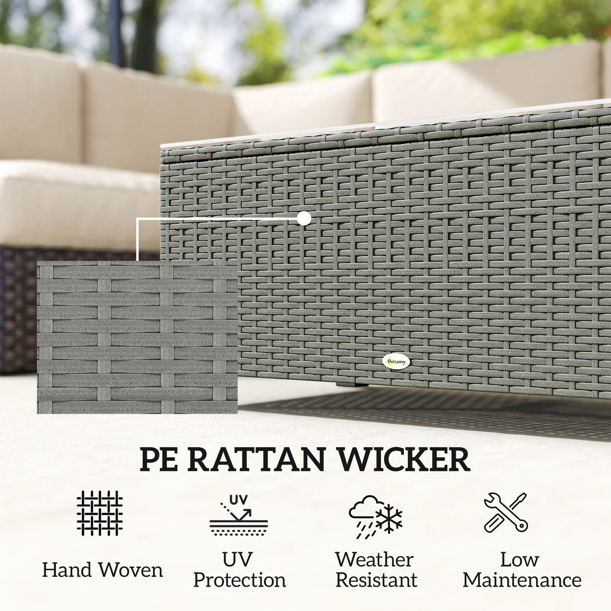 Outsunny Rattan Garden Coffee Table with Glass Top in Light Grey