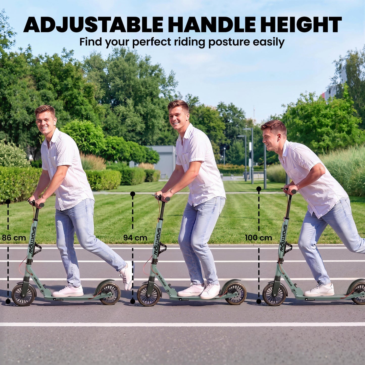 SPORTNOW Foldable Kick Scooter with Height Adjustable Handlebar, One-click Folding Adult Scooters with 200 mm Big Wheels, Silver Tone
