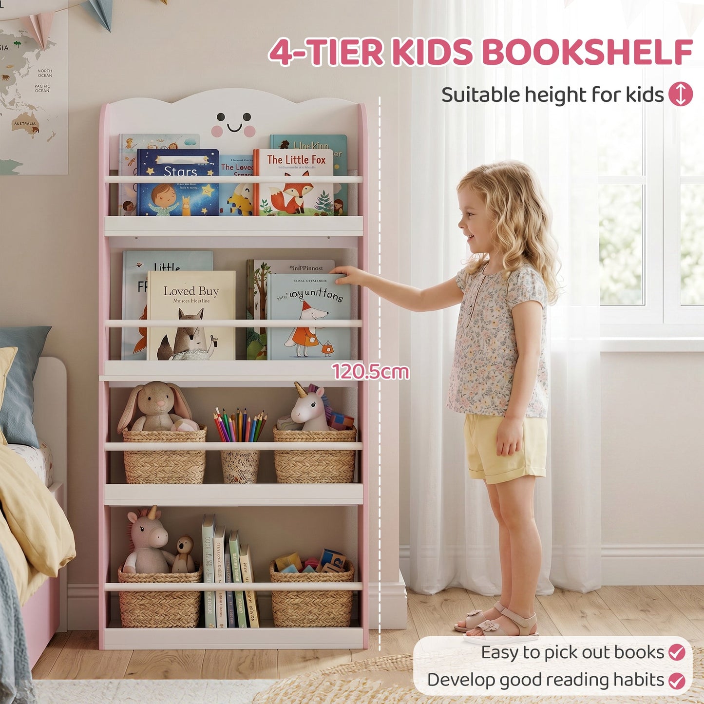 AIYAPLAY 4 Tier Kids Bookshelf, Wall-Mounted Children Bookcase, Toddler Space-Saving Bookcase for Kids Room, Playroom, Pink