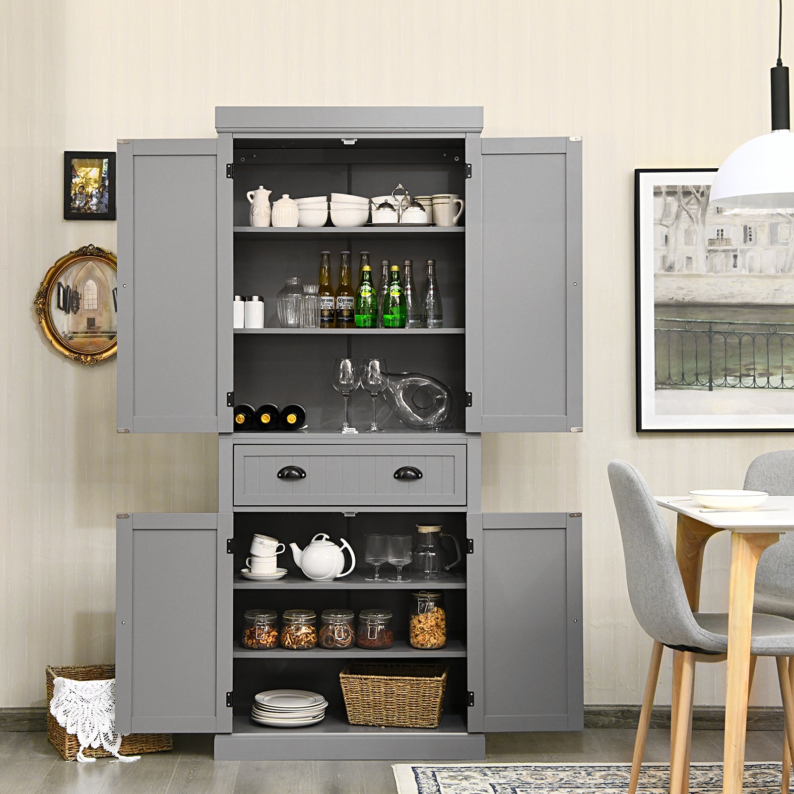 4-Door Tall Kitchen Cupboard Adjustable Shelves and Drawer-Grey