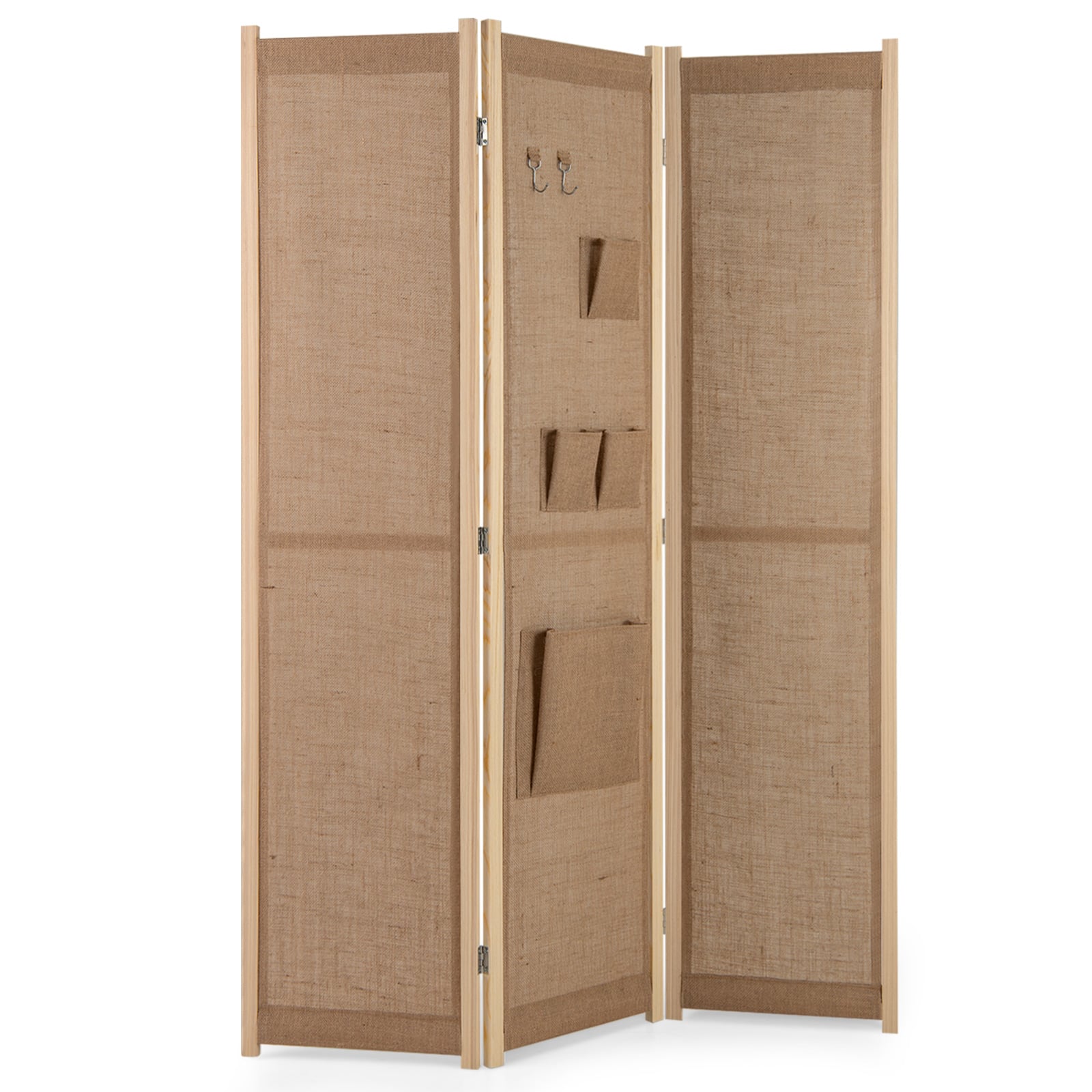 3 Panel Faux Linen Room Divider with Storage Bags-Natural
