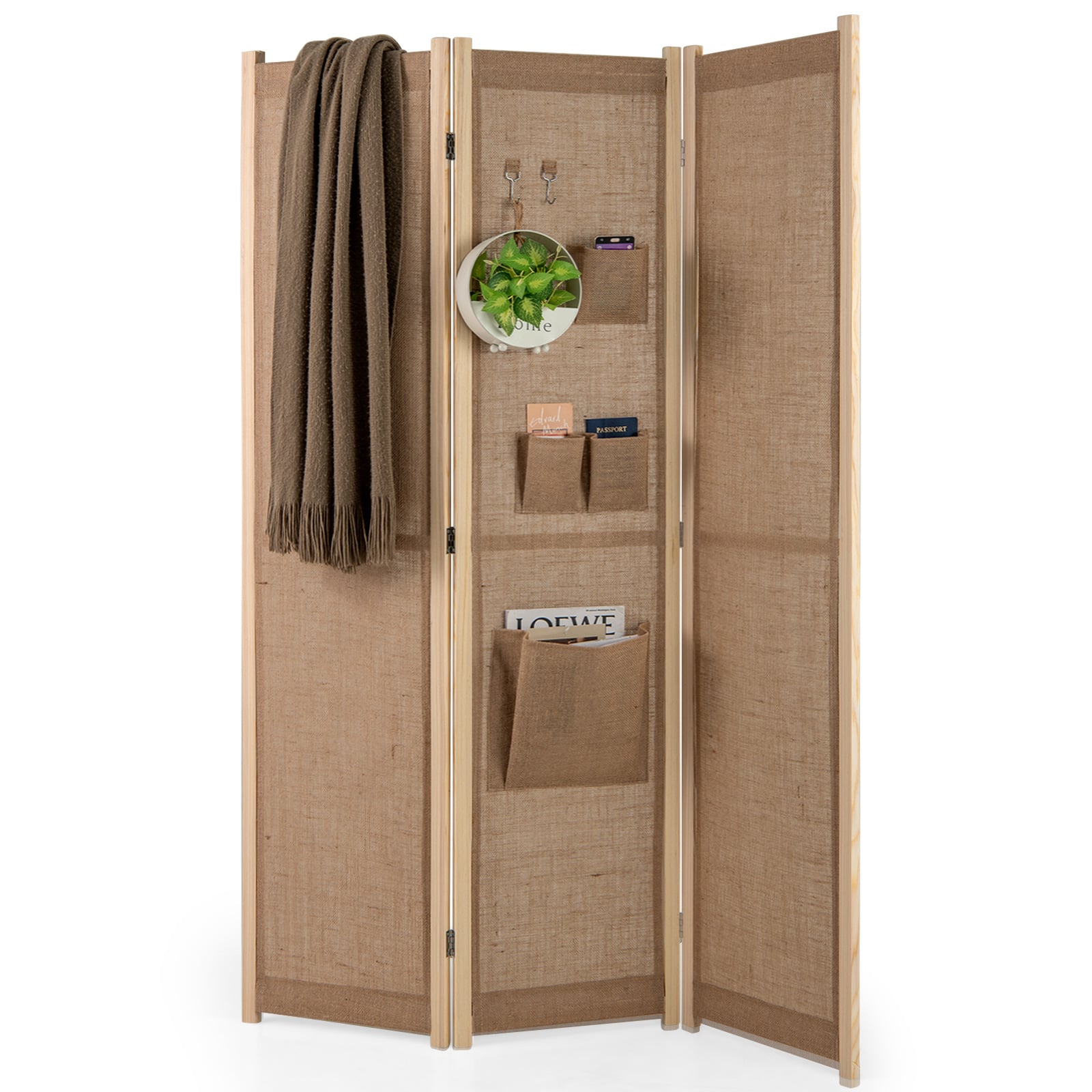 3 Panel Faux Linen Room Divider with Storage Bags-Natural