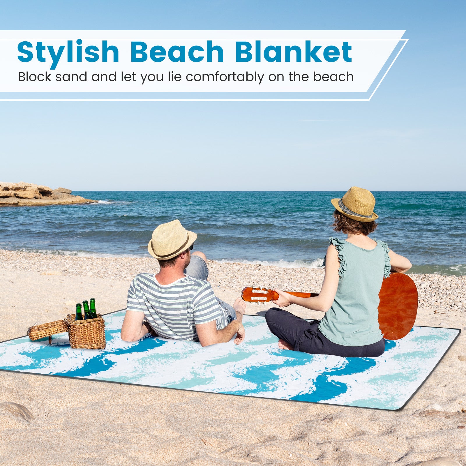 4 Pieces Beach Umbrella Set with 2 Foldable Chairs and Picnic Blanket-Blue