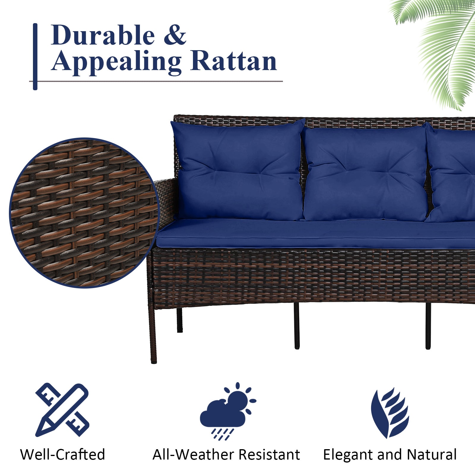 4 Seater Rattan Garden Furniture Set with Cushioned Sofa-Navy