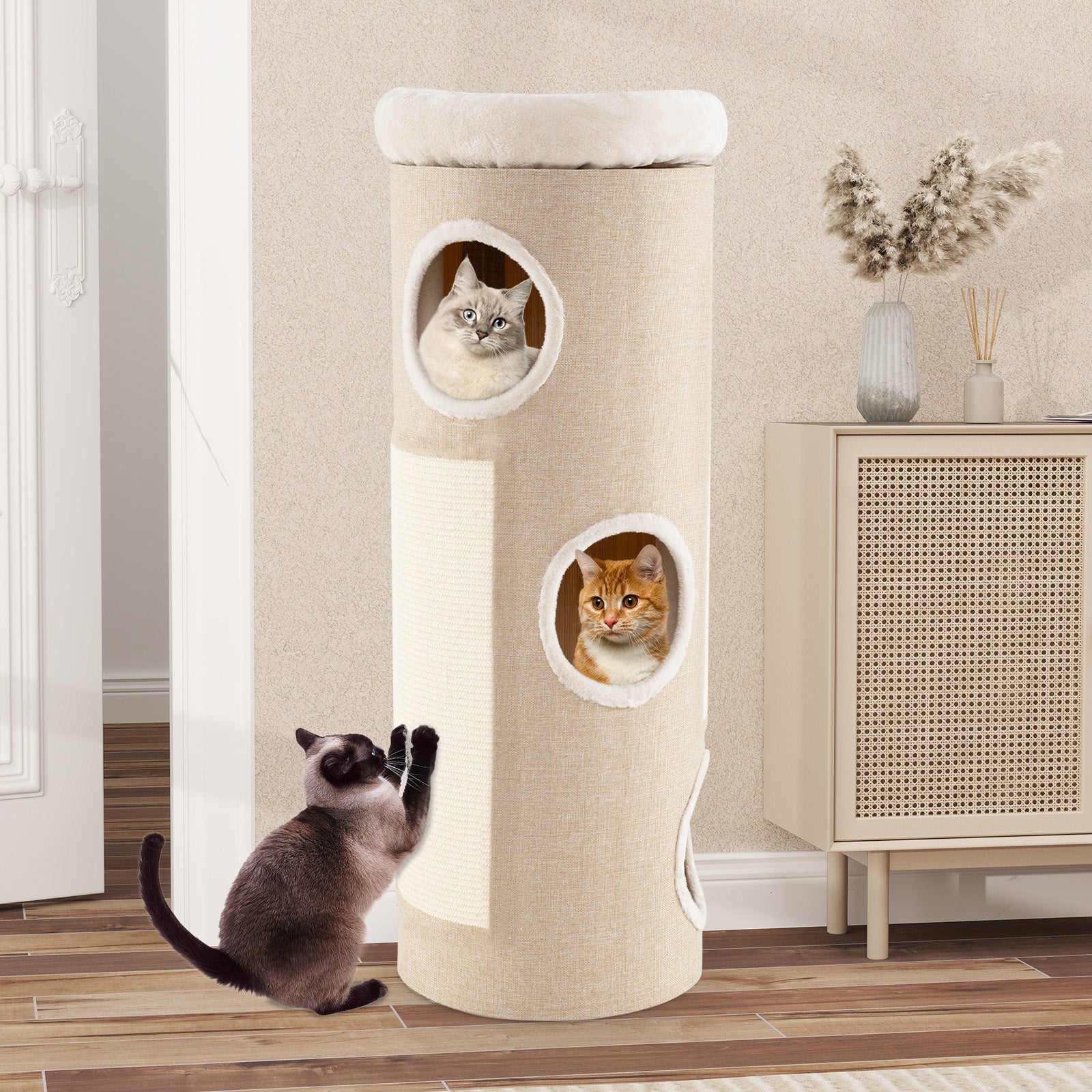 4-Story Cat House for Multiple Cats Elevated Cat Cave Bed-Beige