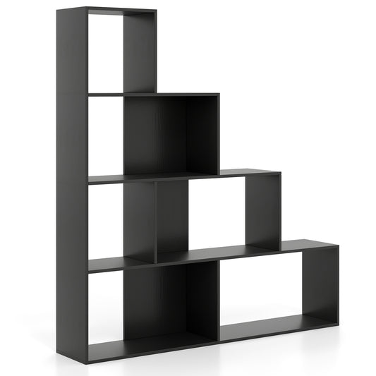 4-Tier Stepped Bookshelf Modern Ladder Bookcase with 6 Storage Cubes-Black