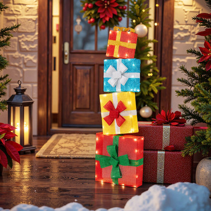 4 Ft Lighted Stackable Gift Boxes with LED Lights and Bows