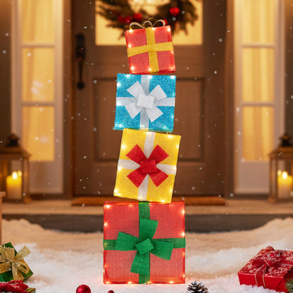4 Ft Lighted Stackable Gift Boxes with LED Lights and Bows