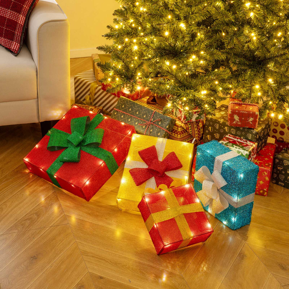 4 Ft Lighted Stackable Gift Boxes with LED Lights and Bows