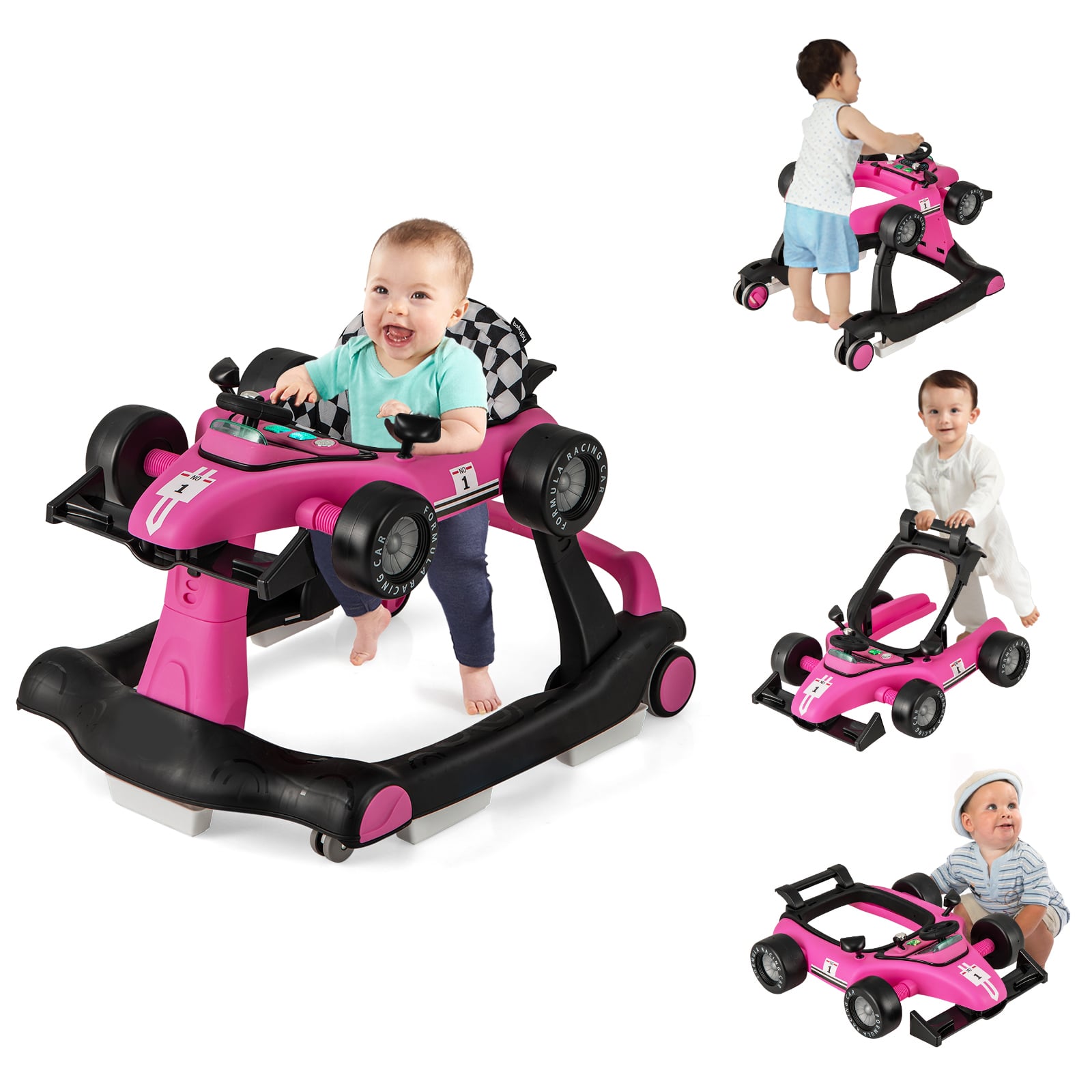 4-in-1 Baby Push Walker with Adjustable Height and Speed-Rose