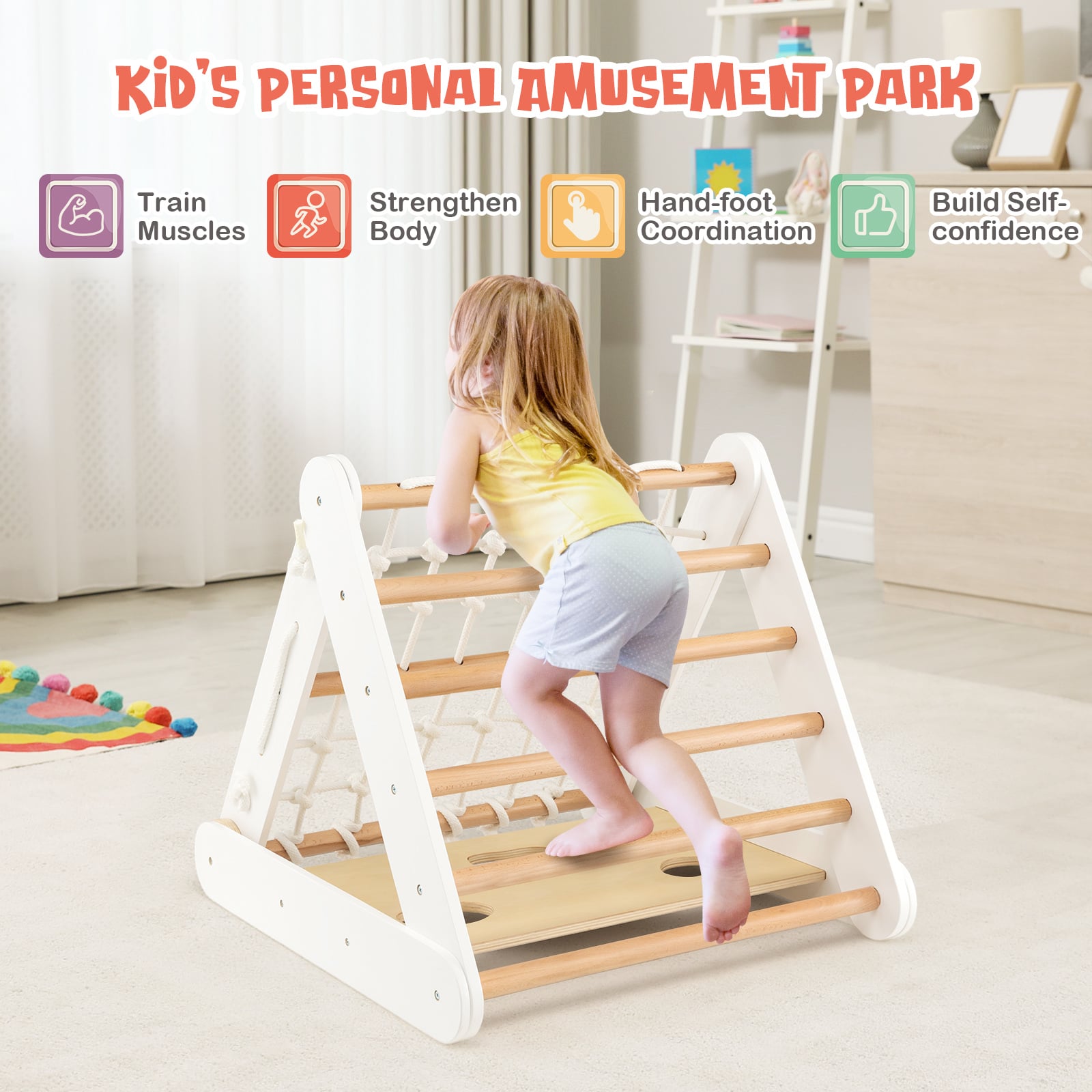 4 in 1 Toddler Wooden Triangle Climber with Ramp and Sliding Board-White
