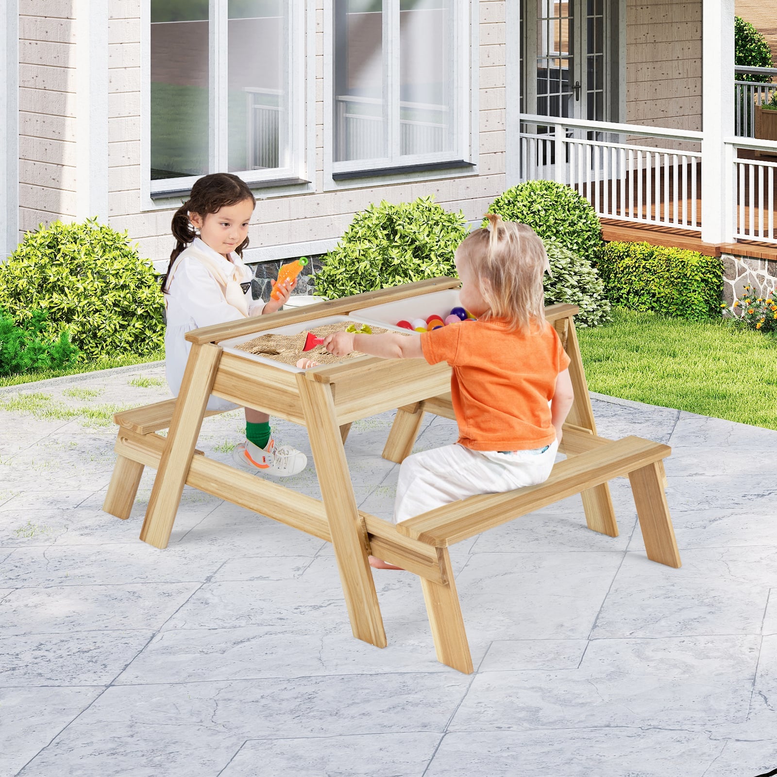4 in 1 Wooden Table and Bench Set with Removable Top and 2 Storage Boxes-Natural