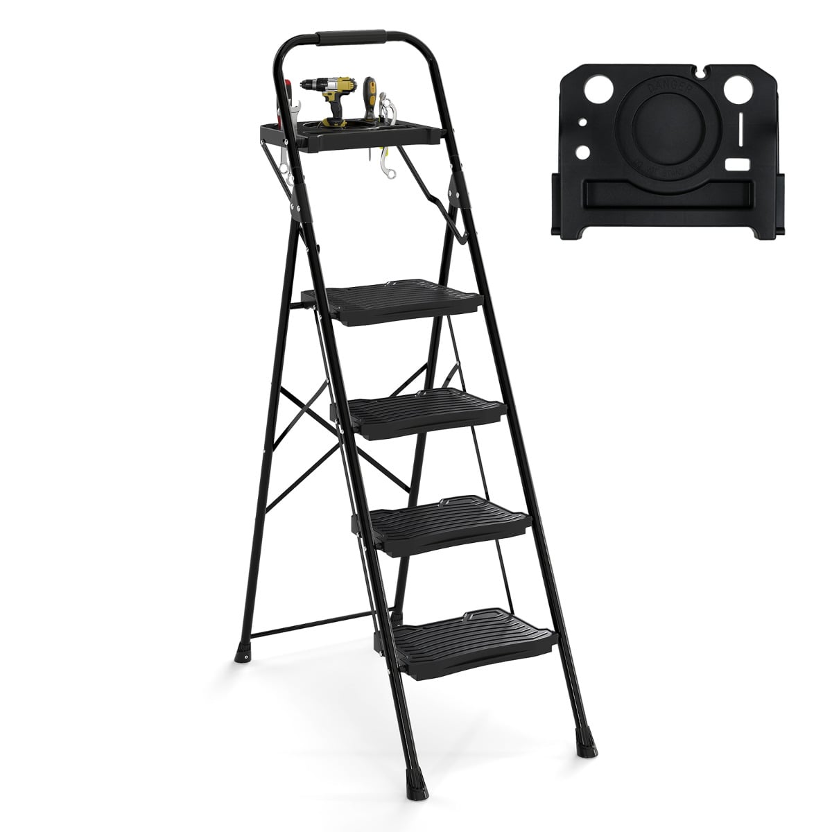 Heavy-Duty Metal 4 Step Ladder with Anti-Slip Wide Pedals-Black