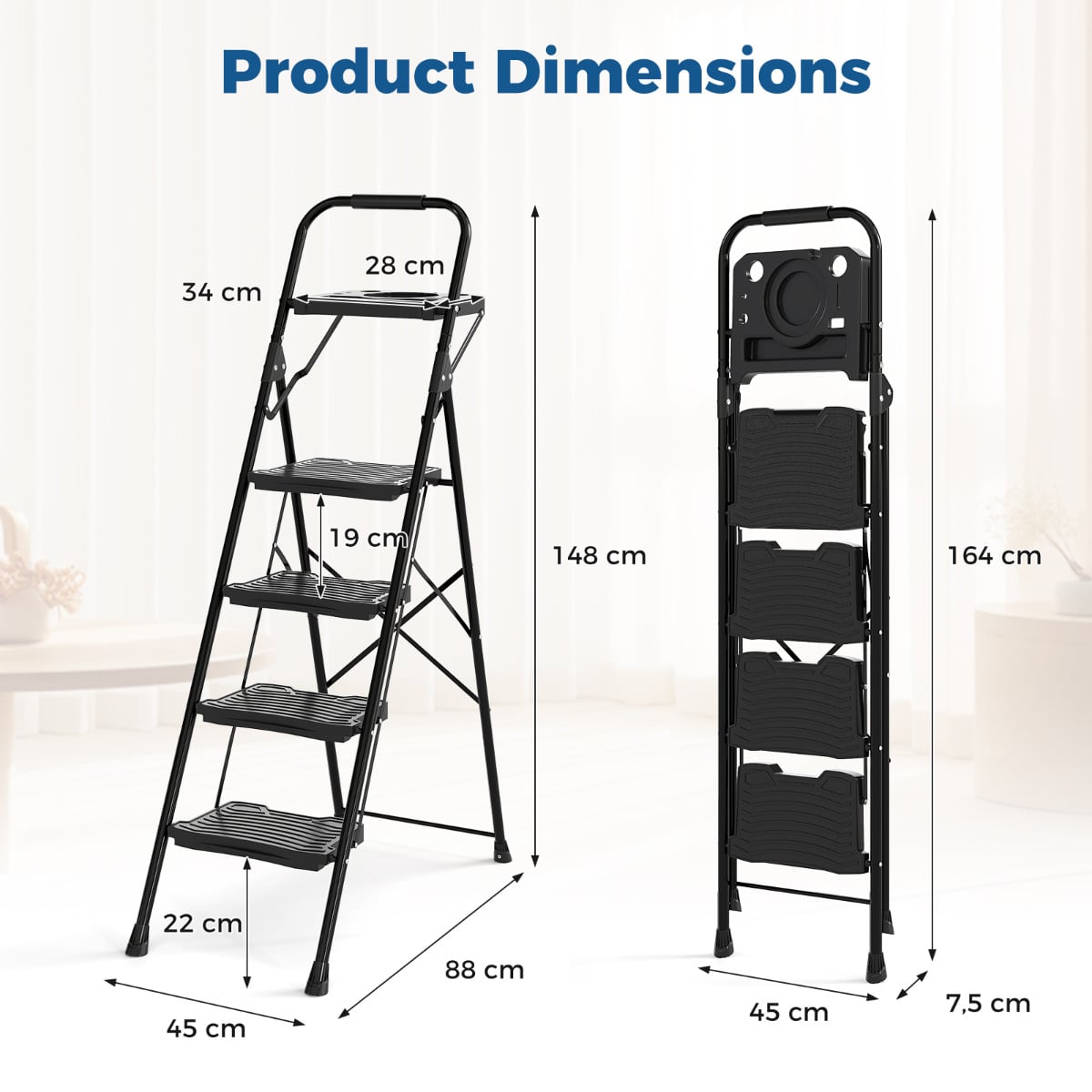 Heavy-Duty Metal 4 Step Ladder with Anti-Slip Wide Pedals-Black