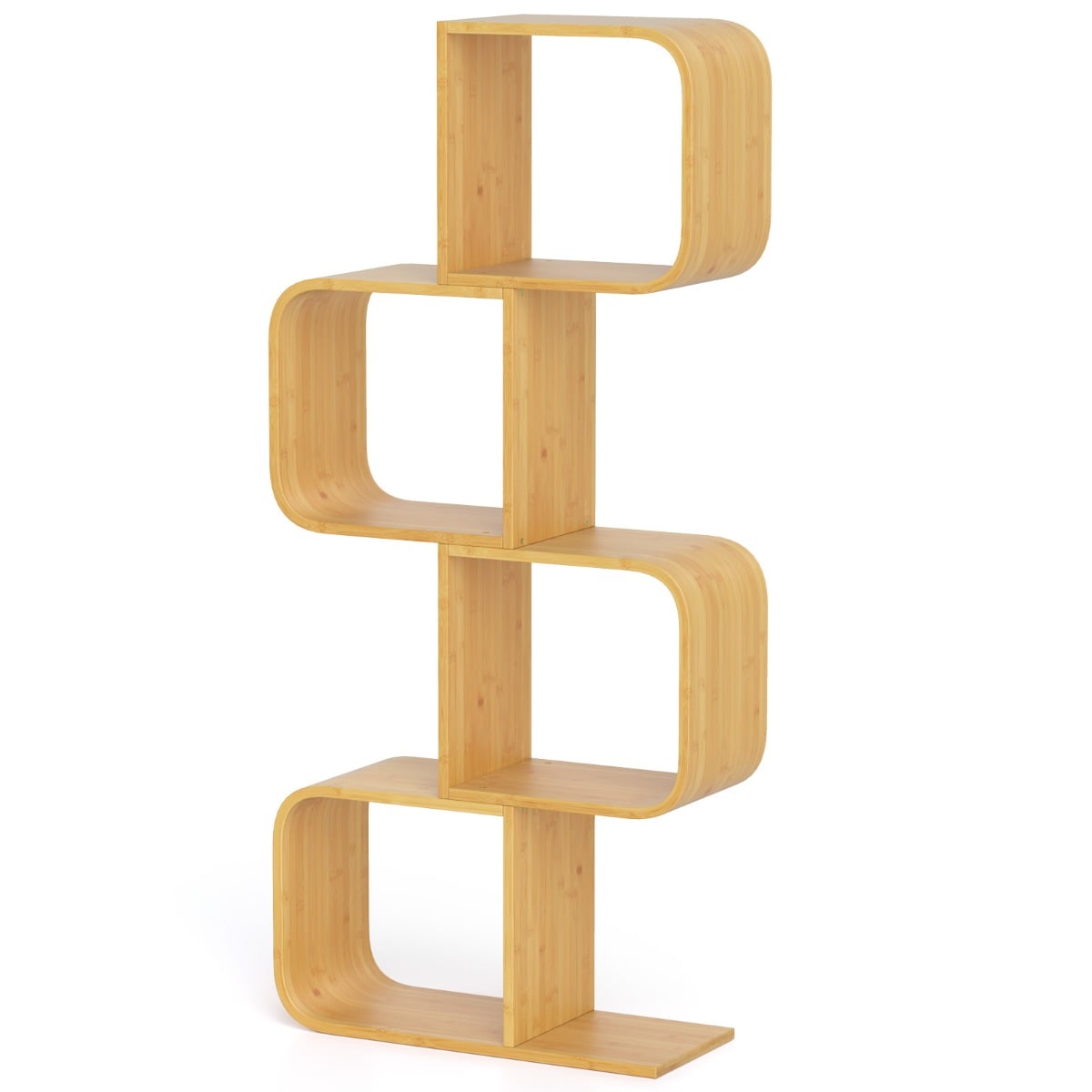 S-Shaped Bookcase Bamboo Bookshelf with 2 Open Cubes-4-Tier