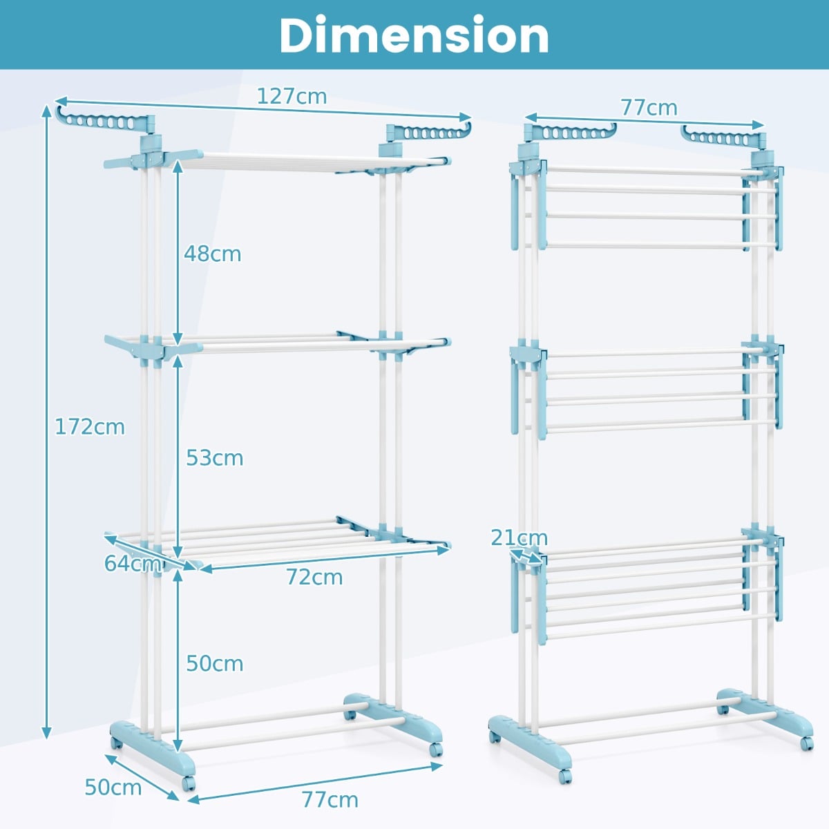 4-Tier Foldable Airer Clothes Drying Rack with Wings and Casters-Navy
