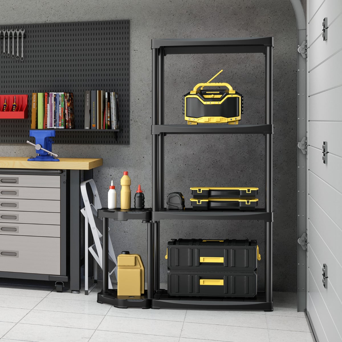 4-Tier Garage Shelving with Tool Organizer and Stable Bottom Base